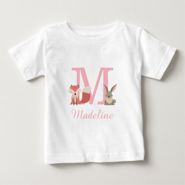 Camiseta De Bebé Monograma Rosa de Animales del Bosque Encantador (Anverso)