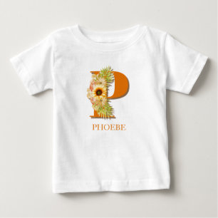 Camiseta De Bebé Monomograma Floral de Girasol con Letra P y Nombre