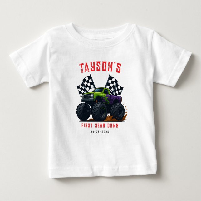 Camiseta De Bebé Monster Trucks Fiesta de cumpleaños 1 (Anverso)