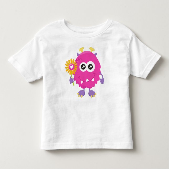 Camiseta De Bebé Monstruo de primavera, monstruo rosado, flores, cu (Anverso)