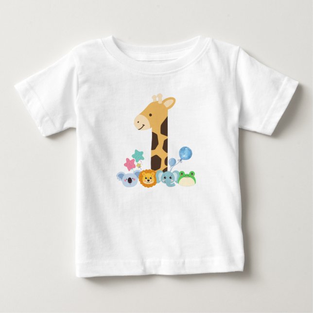 Camiseta De Bebé My First Birthday. Giraffe and Happy Animals Desig (Anverso)