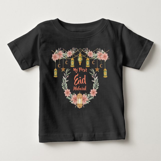 Camiseta De Bebé My First Eid Mubarak Cute Flowers Lamp Moon Stars  (Anverso)