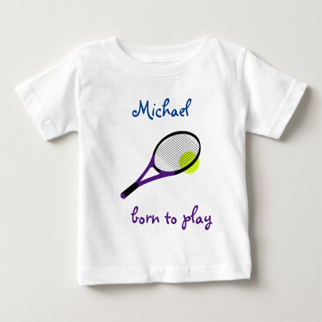 Camiseta De Bebé Nacido para jugar, Tennis Ball y Racquet, Personal (Anverso)