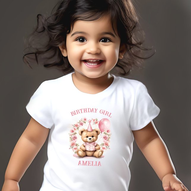 Camiseta De Bebé Nacimiento Chica Pink Cute Bear Floral Nombre (Birthday Girl Pink Cute Bear Floral Name Toddler T-shirt)