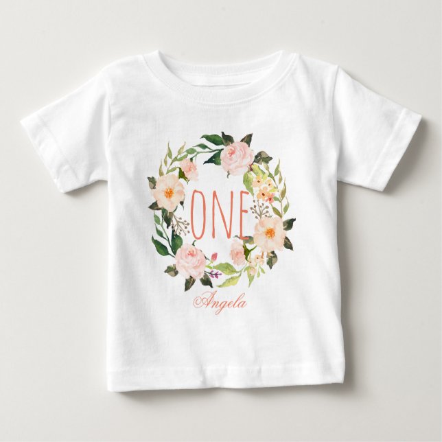 Camiseta De Bebé Nacimiento De Un Año Bebé Niña Floral Wreath-2 (Anverso)