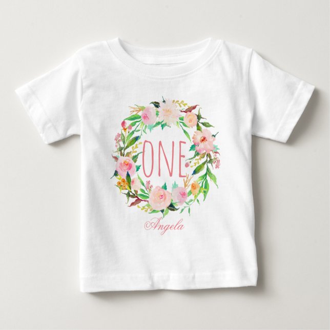 Camiseta De Bebé Nacimiento De Un Año Bebé Niña Floral Wreath-3 (Anverso)