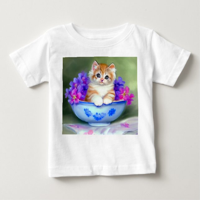 Camiseta De Bebé Naranja de época y Ilustracion de gatito blanco (Anverso)