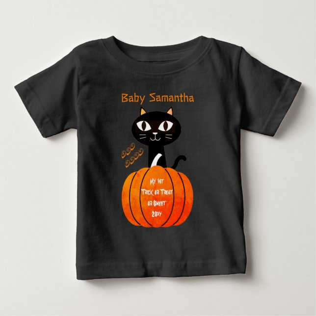 Camiseta De Bebé Naranja lindo y calabaza negra de gato mi primera  (Anverso)