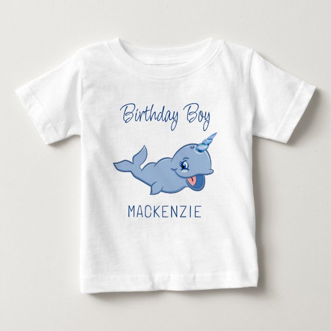 Camiseta De Bebé Narwhal Blue | Bebé Adorable Kawaii Primer Cumplea (Anverso)
