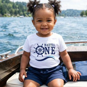 Camiseta De Bebé Nauti One Náutico Cumpleaños Azul Timón de Barco