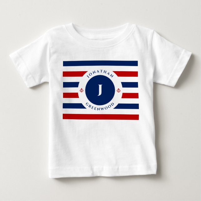 Camiseta De Bebé Nautical Monograma Naval Azul franjas blancas roja (Anverso)