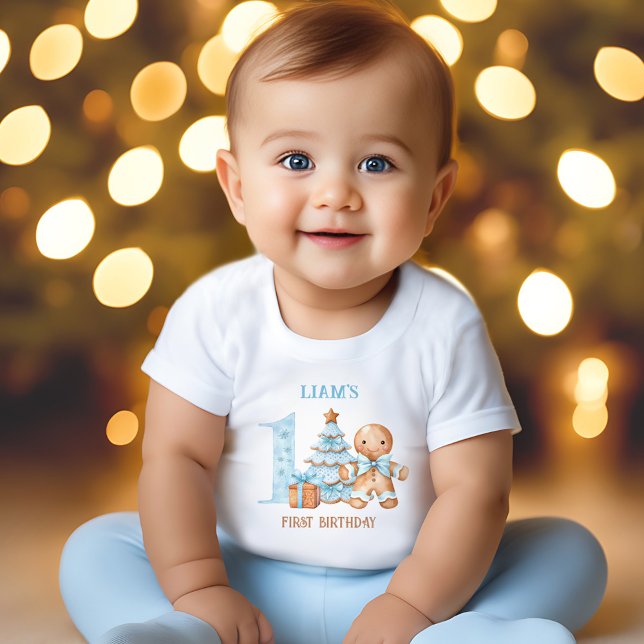 Camiseta De Bebé Navidades Blue Gingerbread Man Nombre Primer Cumpl (Christmas Blue Gingerbread Man Name 1st Birthday Baby T-Shirt)