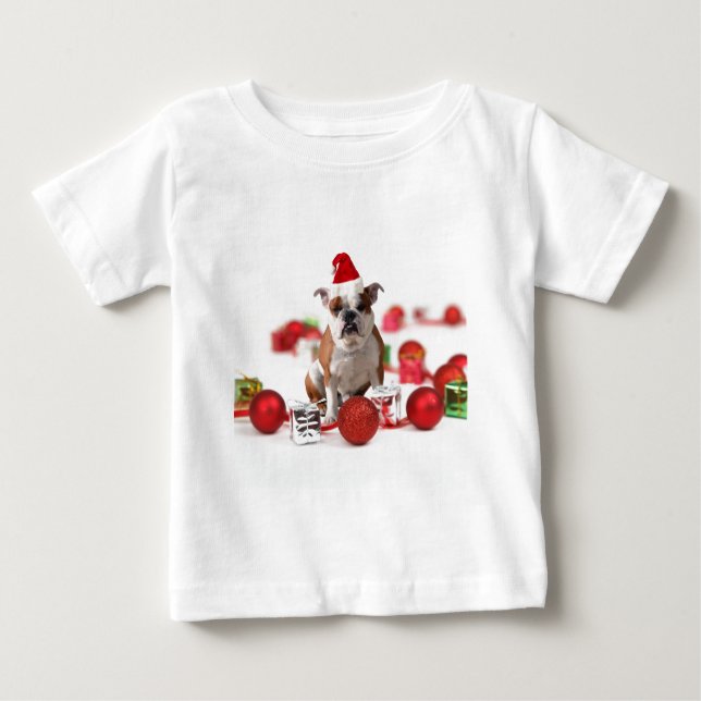 Camiseta De Bebé Navidades de bulldog Caja de regalo Ornamentos Red (Anverso)