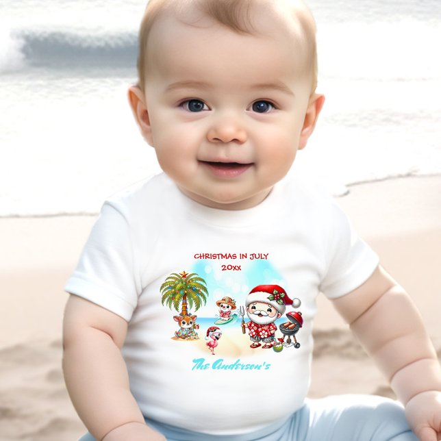 Camiseta De Bebé Navidades En Julio Nombre De Verano Cute Santa Tro (Christmas In July Cute Santa Tropical Summer Name Baby T-Shirt)