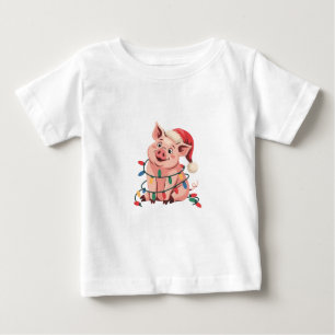 Camiseta De Bebé Navidades Iluminan Cerdo Usando Gorra De Navidad -