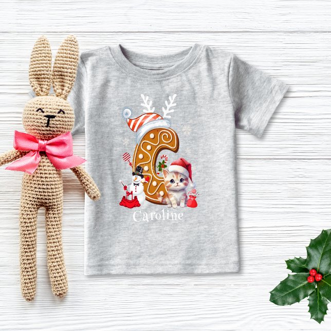 Camiseta De Bebé Navidades Kitten Gingerbread Nombre Letra C Chica (Subido por el creador)