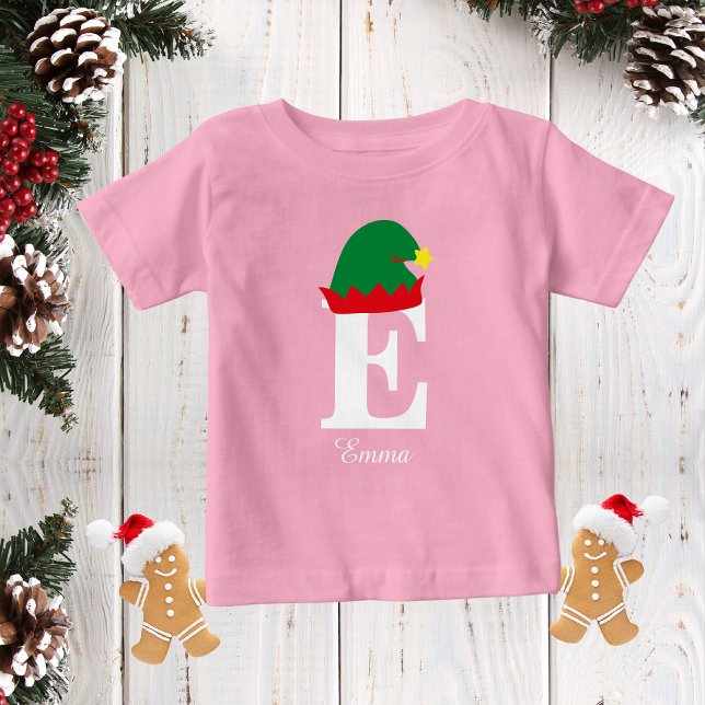 Camiseta De Bebé Navidades Monogramados Nombre Camisa, Gorra Elf, F (Subido por el creador)