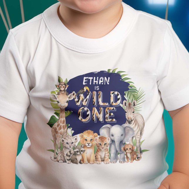 Camiseta De Bebé Navy Blue Wild One Animals Safari Tema de nacimien (Subido por el creador)