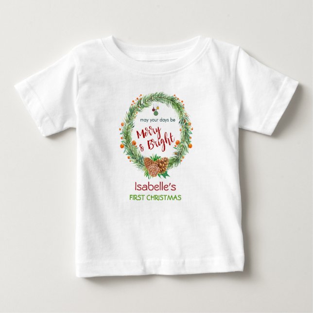 Camiseta De Bebé Needle Wreath de pino brillante primera Navidad (Anverso)