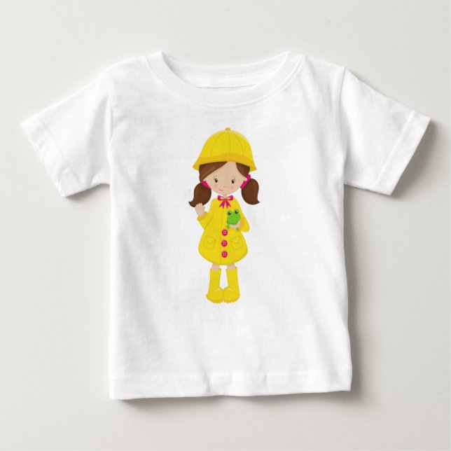 Camiseta De Bebé Niña con impermeable, botas, cabello marrón, rana (Anverso)