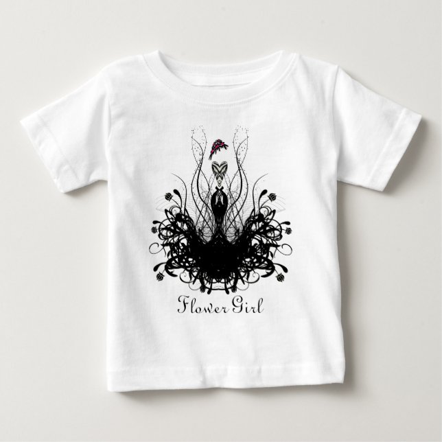 Camiseta De Bebé Niña de flores de cosecha negra y blanca (Anverso)