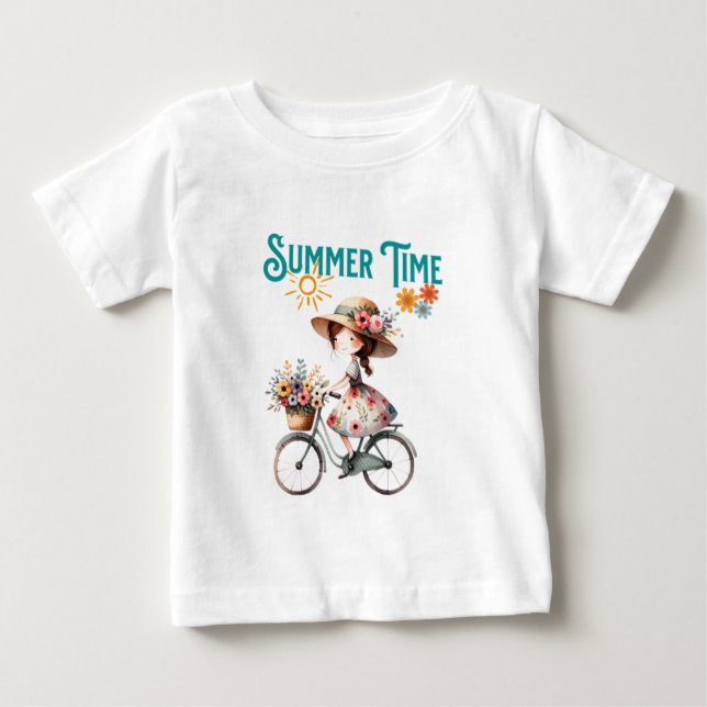 Camiseta De Bebé Niña en bicicleta con flores verano (Anverso)