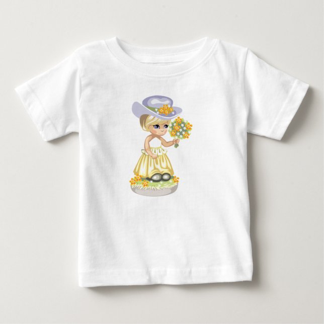 Camiseta De Bebé Niña en traje de Pascua amarillo con flores (Anverso)