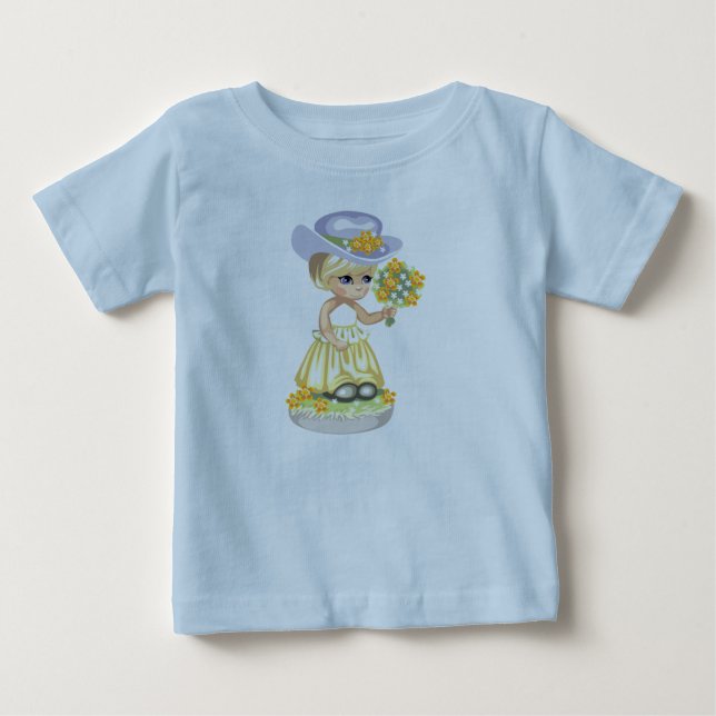 Camiseta De Bebé Niña en traje de Pascua amarillo con flores (Anverso)