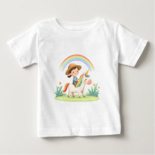 Camiseta De Bebé Niña montando un unicornio bajo un arcoíris – Fant