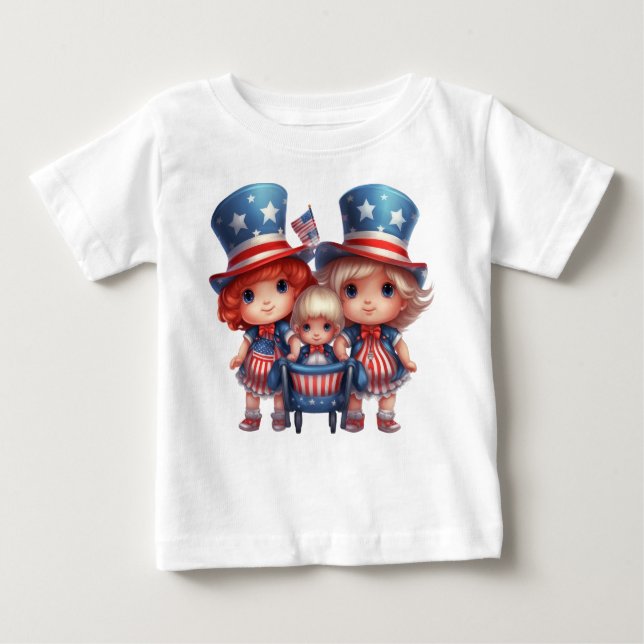 CAMISETA DE BEBÉ NIÑAS ADORABLES VESTIDAS DE ROJO BLANCO AZUL (Anverso)