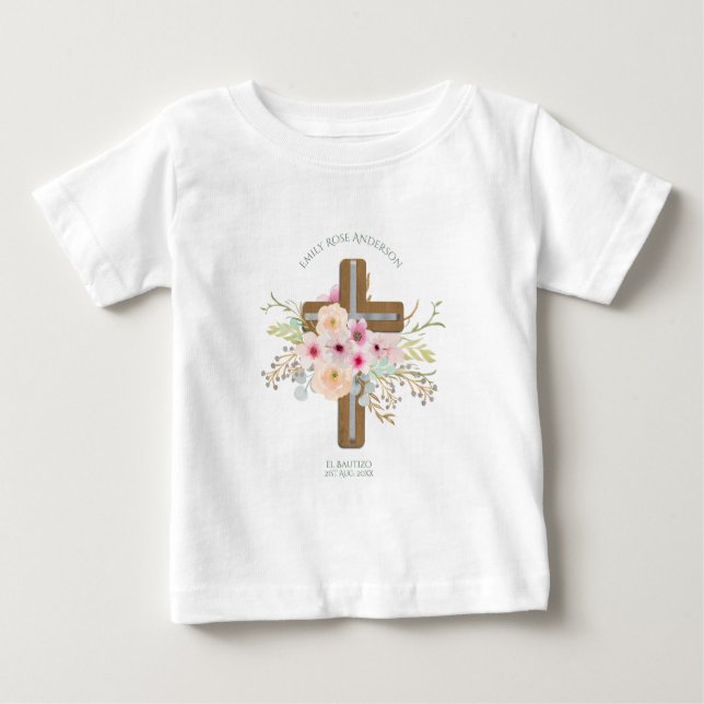 Camiseta De Bebé Niñas Bautizo floral rosa Bautismo Nombrada (Anverso)