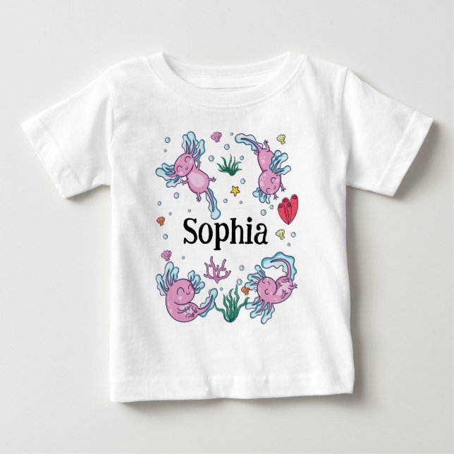 Camiseta De Bebé Niñas Bonito y Moderno Axolotl Rosa y Nombre Niños (Anverso)