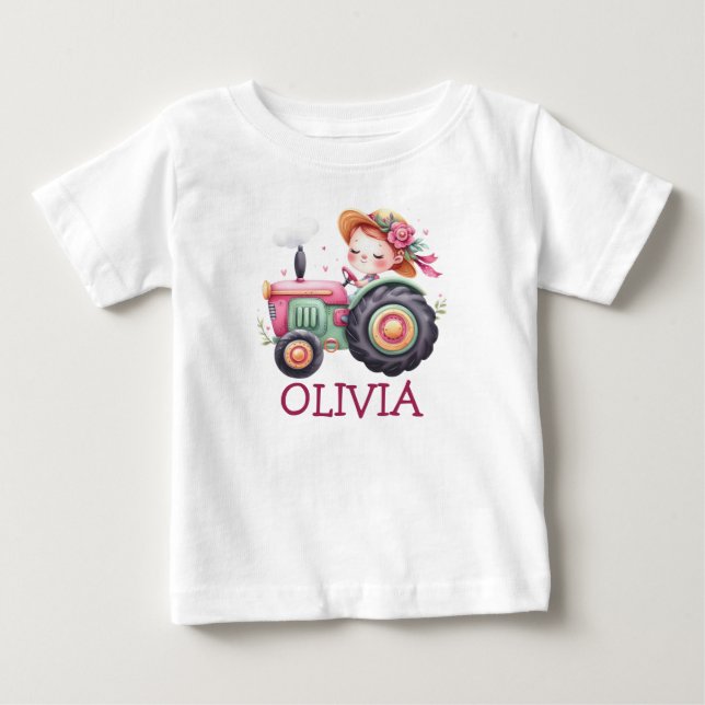 Camiseta De Bebé Niñas Tractor Rosa Lindo Personalizado (Anverso)