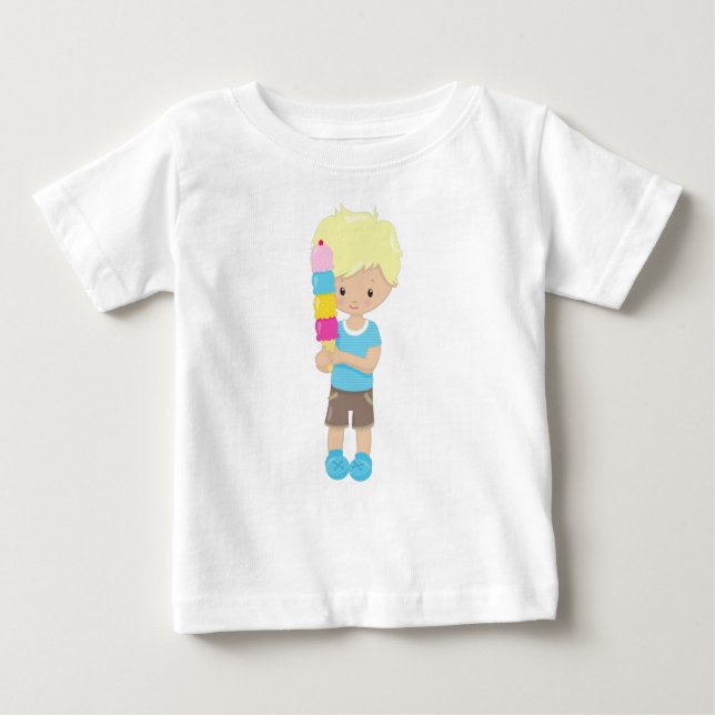 Camiseta De Bebé Niño Con Helado, Cabello Rubio, Cono De Helado (Anverso)