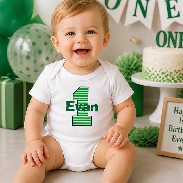 Camiseta De Bebé Niño de Primer Cumpleaños con Rayas Verdes (Green Striped First Birthday Boy Toddler T-shirt)