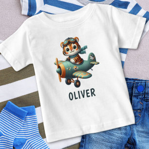 Camiseta De Bebé Niño Lindo de Tigre Volando un Avión Personalizado