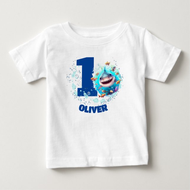 Camiseta De Bebé Niño personalizado del cumpleaños del tiburón (Anverso)
