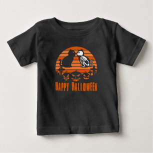Camiseta De Bebé Niños Feliz Halloween Esqueleto Gato Atardecer Ret