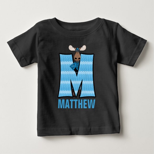 Camiseta De Bebé Niños "M" Monogramados | Blue Knit Moose (Anverso)
