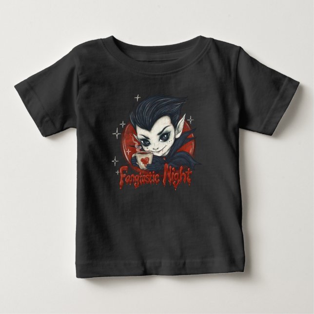 Camiseta De Bebé Noche fantástica. Vampiro lindo con una taza de ca (Anverso)