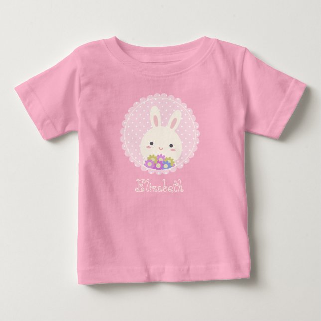 Camiseta De Bebé Nombra personalizada de Kawaii Bunny y Flores de c (Anverso)