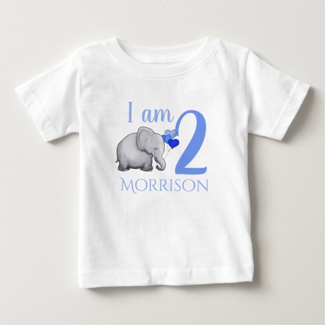 Camiseta De Bebé Nombre de encargo del elefante del bebé azul y (Anverso)