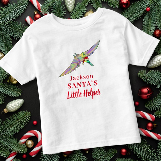 Camiseta De Bebé Nombre de niño personalizado de dinosaurio navidad (Christmas dinosaur personalized kid name Santas little helper quote Pterodactyl flying festive dino )