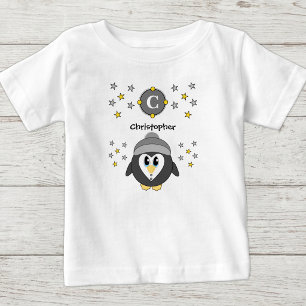 Camiseta De Bebé nombre de pingüino lindo estrellas amarillo gris