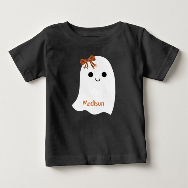 Camiseta De Bebé Nombre del Chica de Halloween Ghost Plaid Bow Kids (Anverso)