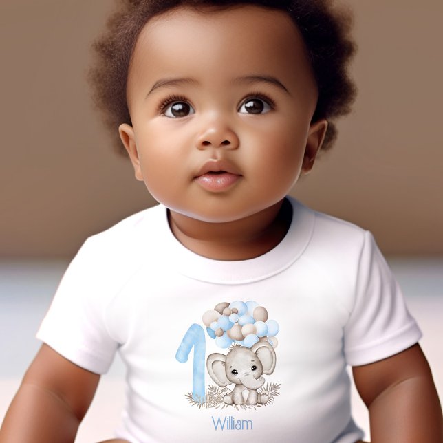 Camiseta De Bebé Nombre del niño del primer cumpleaños del elefante (First Birthday Cute Blue Elephant Boy Baby T-Shirt)