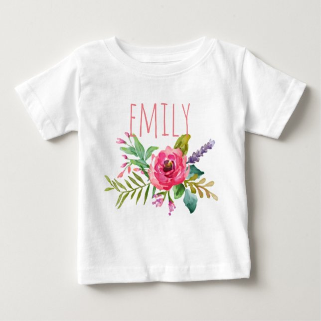 Camiseta De Bebé Nombre personalizado Bebé Chica acuarela Floral-2 (Anverso)