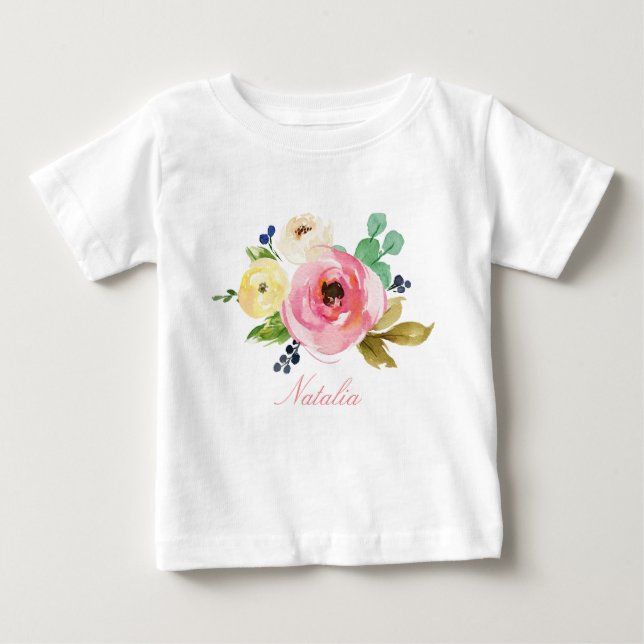 Camiseta De Bebé Nombre personalizado Bebé Chica acuarela Floral-4 (Anverso)
