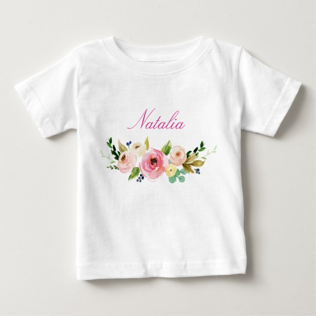 Camiseta De Bebé Nombre personalizado Bebé Chica acuarela Floral-7 (Anverso)