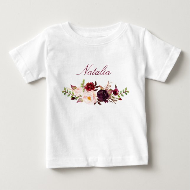 Camiseta De Bebé Nombre personalizado Bebé Chica acuarela Floral-8 (Anverso)